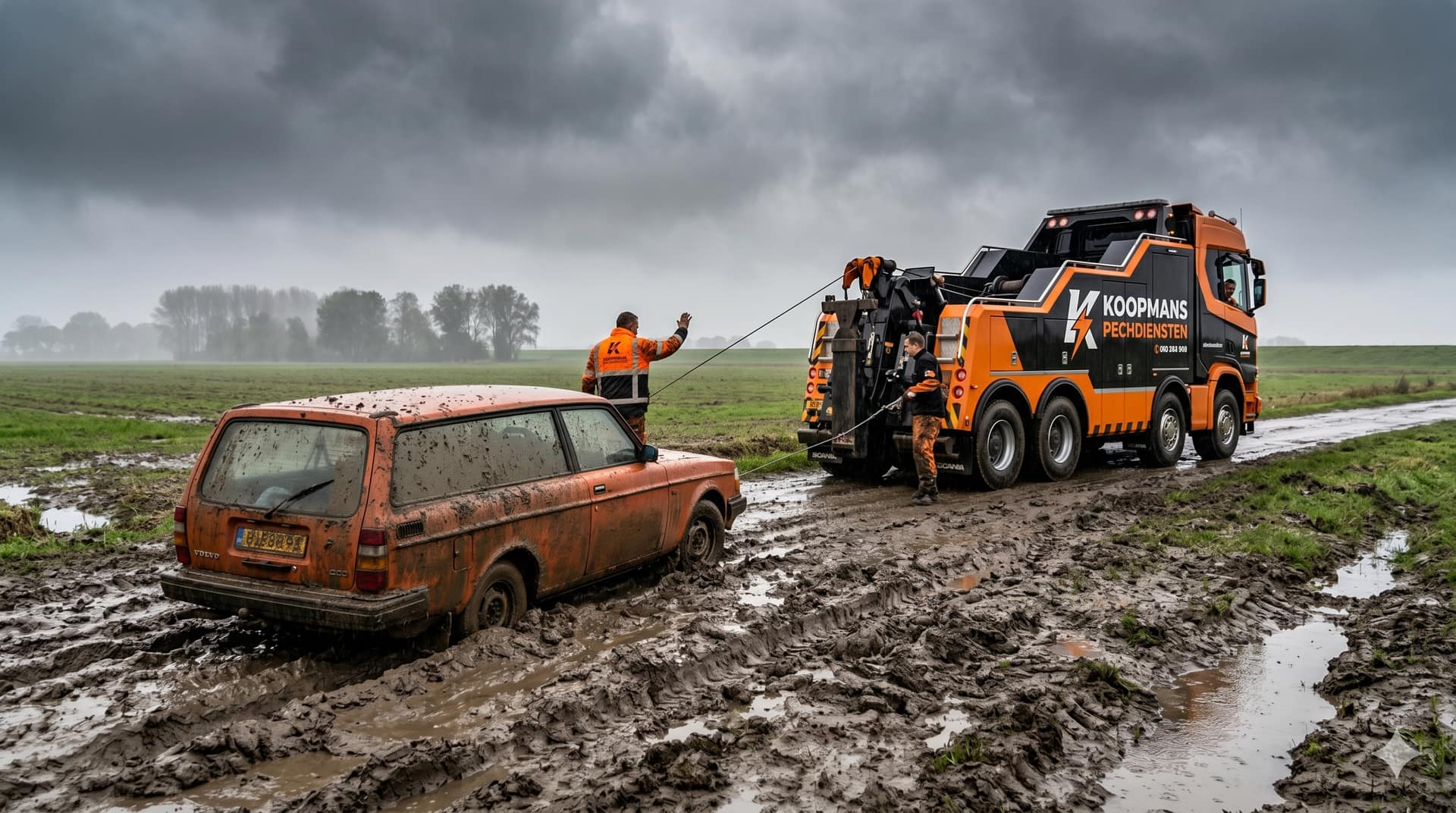 Bergingswagen van Koopmans Pechdiensten trekt een vastgelopen auto uit de modder